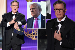 Stephen Colbert sparks fiery Emmys 2025 row as anti-Trump host given standing ovation amid show axe: ‘Lefty political preaching!’